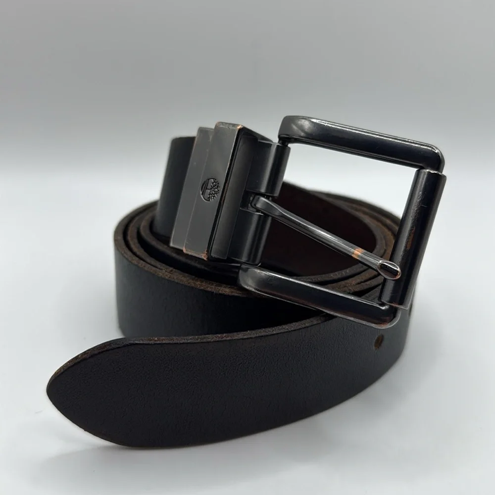 Timberland Black Leather Belt Reversible Black Brown Mens